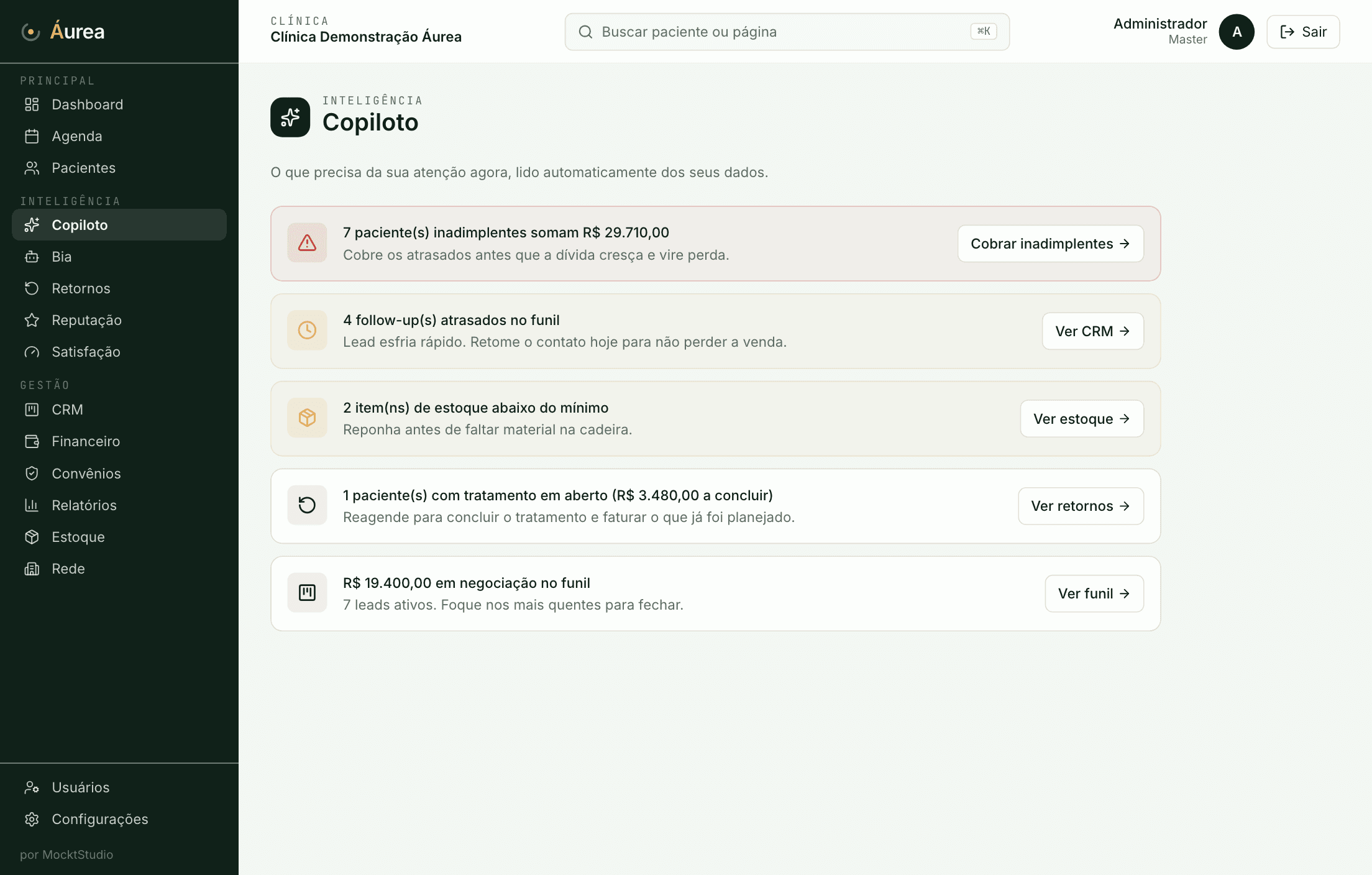 Copiloto de gestão da Áurea com insights acionáveis